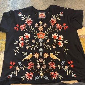 Johnny Was Black Top with Multicolor Floral Embroidery